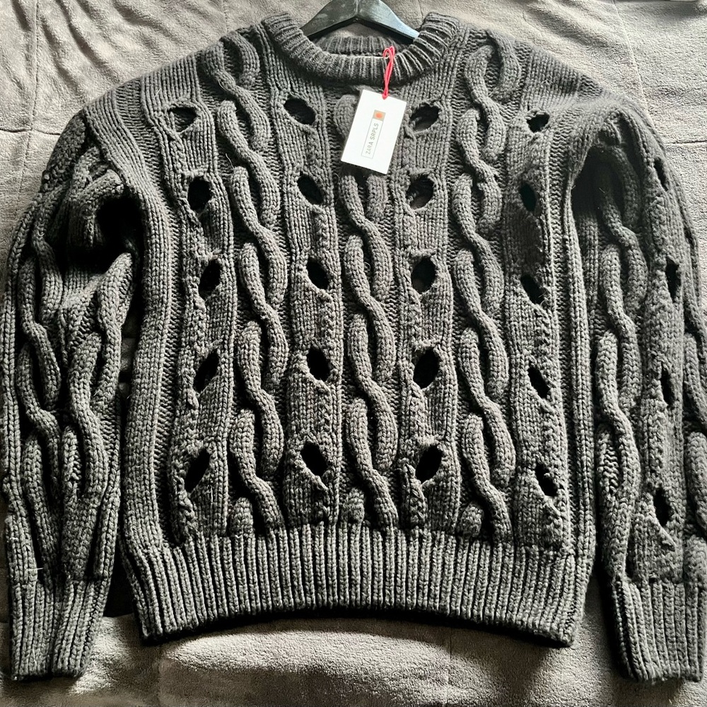 BRAND NEW ZARA SRPLS chunky cable knit sweater with holes - mens size small